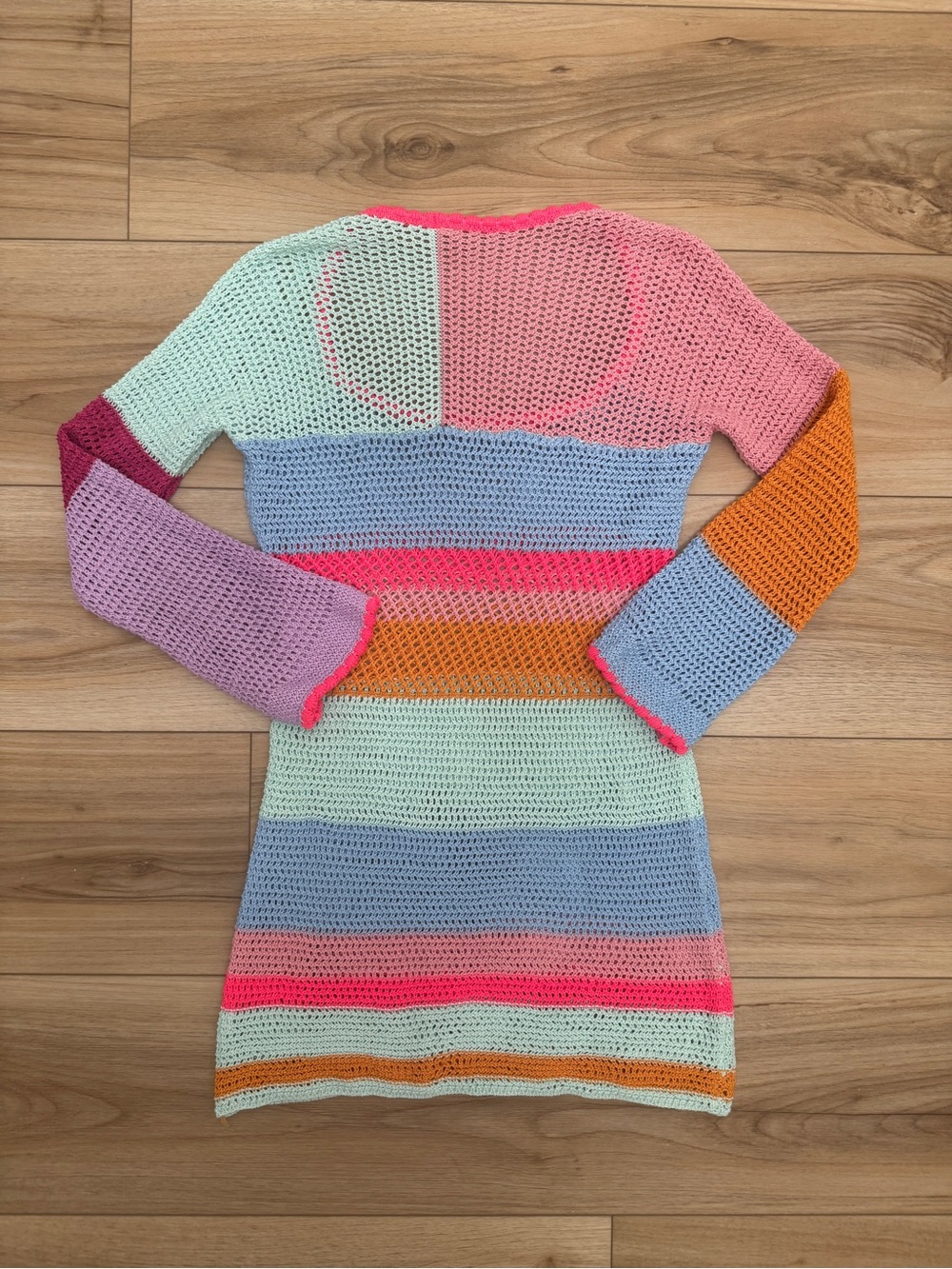 SOLD • Striped Crochet Beach Cover-Up Mini Dress in Pastel Rainbow Size Large - Picture 6 of 7